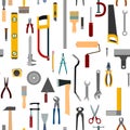 Handyman tools. Seamless. Vector illustration background. Hammer, ax, clamp, nail, pliers, saw, brush, roller, screw, screwdriver