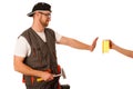 Handyman in work clothing refusing beer, don`t drink on workplac