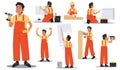 Handyman. A worker who performs any kind of work. Laborman, builder and electrician, plumber and painter character set Royalty Free Stock Photo