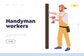 Handyman workers online service order landing page with professional carpenter repairing door