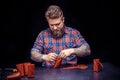 Leather workman creates quality product of leather in his shop Royalty Free Stock Photo
