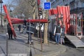 Handymen and workers carrying frames and poles to set up the stalls of the wet market Royalty Free Stock Photo