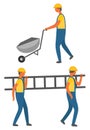 Handymen Working in Team Cart and Ladder Equipment Royalty Free Stock Photo