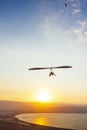 Hang-glider  flight in sky in sunset time over the Kineret, Mevo Hama Royalty Free Stock Photo