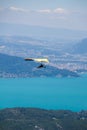 Hang-glider Instructor Flying in Hang-glider with Customer over Annecy Lake Through Mountain Landscape and Cities Royalty Free Stock Photo