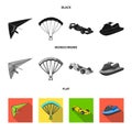 Hang glider, parachute, racing car, water scooter.Extreme sport set collection icons in black, flat, monochrome style