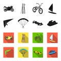 Hang glider, parachute, racing car, water scooter.Extreme sport set collection icons in black,flet style vector symbol