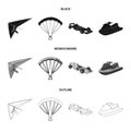 Hang glider, parachute, racing car, water scooter.Extreme sport set collection icons in black,monochrome,outline style