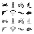 Hang glider, parachute, racing car, water scooter.Extreme sport set collection icons in black,monochrome style vector