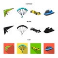 Hang glider, parachute, racing car, water scooter.Extreme sport set collection icons in cartoon,black,flat style vector