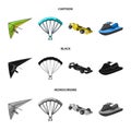 Hang glider, parachute, racing car, water scooter.Extreme sport set collection icons in cartoon,black,monochrome style