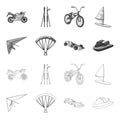 Hang glider, parachute, racing car, water scooter.Extreme sport set collection icons in outline,monochrome style vector