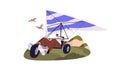 Hang gliding with birds in sky. Happy man flying on hangglider in air. People paragliding on deltaplan. Flight on delta