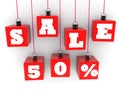 Hang on red cubes with concept sales 50 % on white background Royalty Free Stock Photo