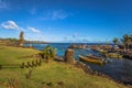 Hanga Roa, Easter Island - July 12 2017: Moai at the harbor of H Royalty Free Stock Photo