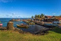 Hanga Roa, Easter Island - July 12 2017: Moai at the harbor of H Royalty Free Stock Photo