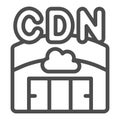 Hangar with cloud servers line icon, neural dataset concept. Vector graphics. Data delivery network, cloud storage sign