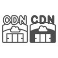 Hangar with cloud servers line and solid icon, neural dataset concept. Vector graphics. Data delivery network, cloud