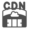 Hangar with cloud servers solid icon, neural dataset concept. Vector graphics. Data delivery network, cloud storage sign