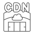Hangar with cloud servers thin line icon, neural dataset concept. Vector graphics. Data delivery network, cloud storage