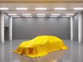 Hangar with photo studio and covered with cloth car. 3d rendering, illustration showing, silk, smooth, studio