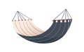 Hanged striped tissue hammock vector flat illustration. Colorful textile equipment for rest, sleep, recreation or swing