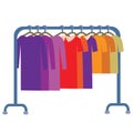 hanger with colorful clothes, dresses and t-shirts, flat, isolated object on a white background, vector illustration Royalty Free Stock Photo