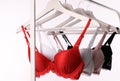 Hangers with beautiful lace bras on rack against background. Stylish underwear