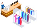 Hangers with dresses and clothes in store. Shop assistant helps to choose product during shopping