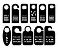 Hangers set icon. Black paper, plastic, cardboard door lock cards isolated on white background. Don`t disturb, calm, and