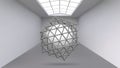 Hanging abstract polygonal object. The white room with the subject in the middle. Exhibition space for objects of modern