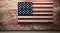 American flag hanging on red brick wall and white wall of a room. Hanging USA flag on red wall Royalty Free Stock Photo