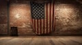 American flag hanging on red brick wall and white wall of a room. Hanging USA flag on red wall Royalty Free Stock Photo