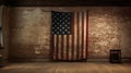 American flag hanging on red brick wall and white wall of a room. Hanging USA flag on red wall Royalty Free Stock Photo