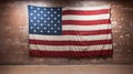 American flag hanging on red brick wall and white wall of a room. Hanging USA flag on red wall Royalty Free Stock Photo