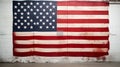 American flag hanging on red brick wall and white wall of a room. Hanging USA flag on red wall Royalty Free Stock Photo