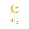 hanging Arabic traditional Ramadan Kareem lantern on crescent moon and stars. Eid Fitr or Adha Mubarak lamp Greeting card symbol Royalty Free Stock Photo