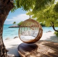 Hanging beach swing round wicker egg chair on a tropical island. Beautiful beach with crystal clear turquoise water. Summer