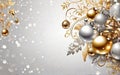 hanging beautiful gold and silver christmas decoration balls on white background with space for copy Royalty Free Stock Photo