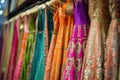 Hanging beautiful indian dresses different colors and decoration at market, shop, boutique, bazaar, fashion clothes designer