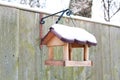 Hanging bird feeder covered by snow in winter. Royalty Free Stock Photo