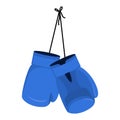 Hanging blue boxing gloves. Accessory for boxer. sports equipment