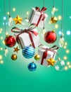 Hanging Box Gift Christmas Ball Red Blue Gold Christmas Lights Bokeh Stars Teal Background 3D Render Royalty Free Stock Photo