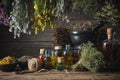 Hanging bunches of medical herbs, mortar and bowl with dried medicinal plants, infusion and essential oil bottles.