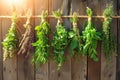 Hanging bunches of medicinal herbs and flowers on a wooden background. Herbal medicine Royalty Free Stock Photo