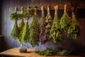 hanging bundles of herbs on wooden rack