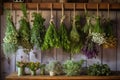 hanging bundles of herbs on wooden rack