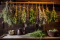 hanging bundles of various herbs on a wooden rack