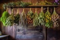 hanging bundles of various herbs on a wooden rack