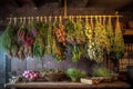 hanging bundles of various herbs on a wooden rack